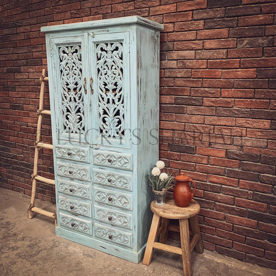 Carved sky blue cabinet with drawers | Lucky Furniture & Handicrafts.