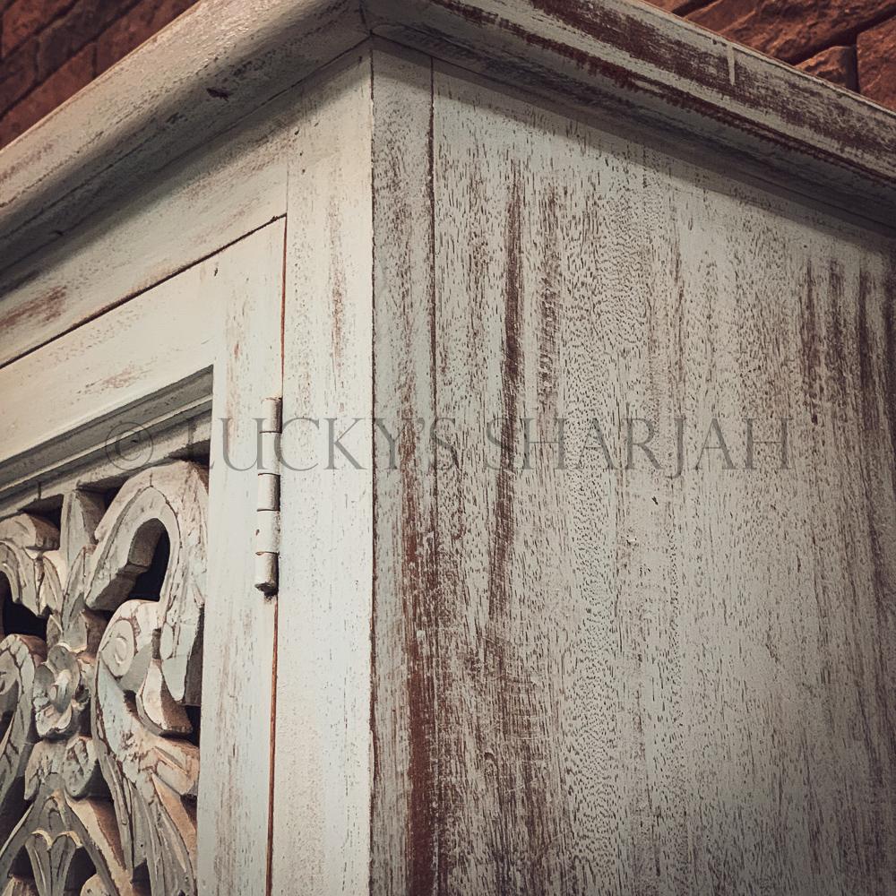 Carved sky blue cabinet with drawers | Lucky Furniture & Handicrafts.