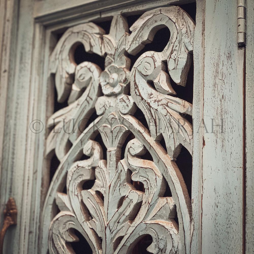 Carved sky blue cabinet with drawers | Lucky Furniture & Handicrafts.