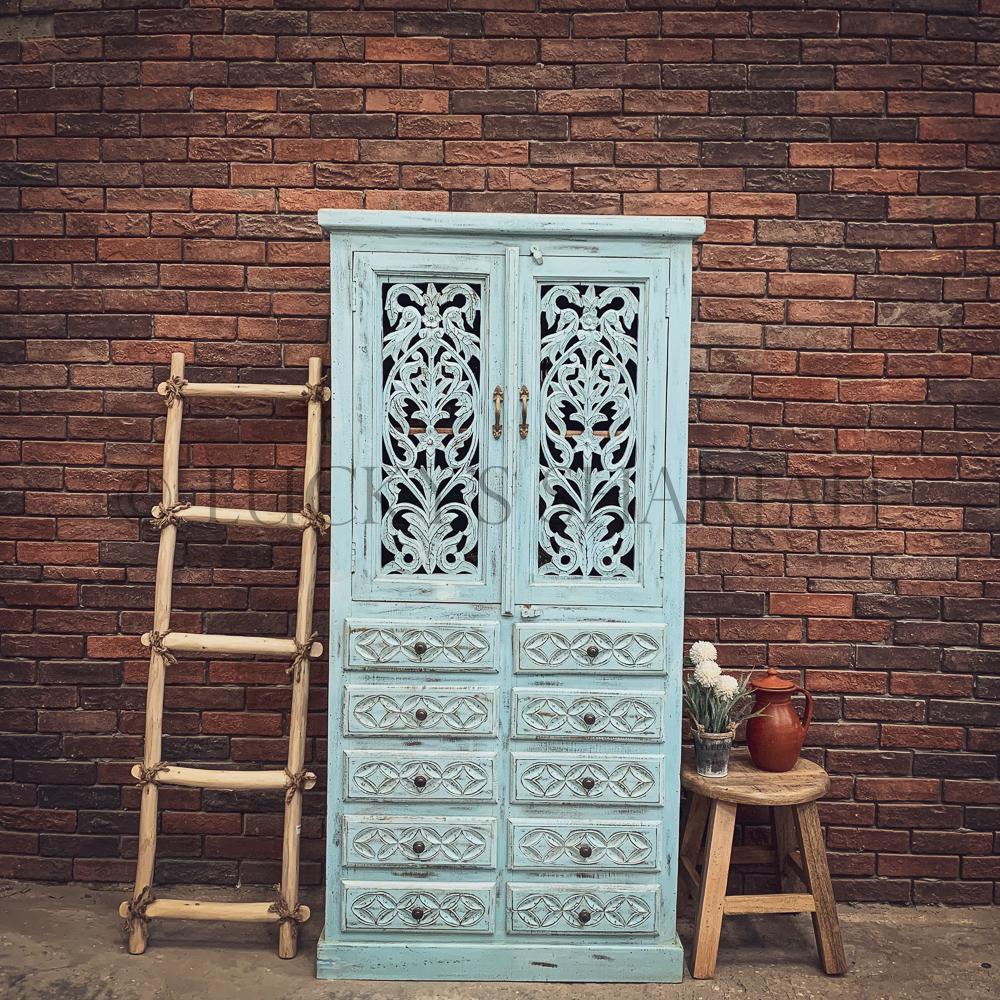 Carved sky blue cabinet with drawers | Lucky Furniture & Handicrafts.