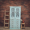 Carved sky blue cabinet with drawers | Lucky Furniture & Handicrafts.