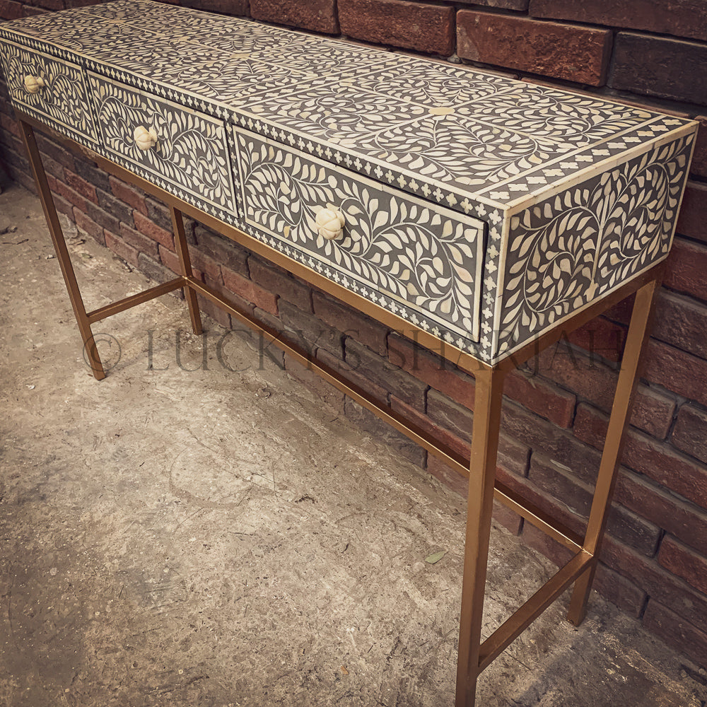 Grey Floral bone inaly console with 3 draw | Lucky Furniture & Handicrafts.