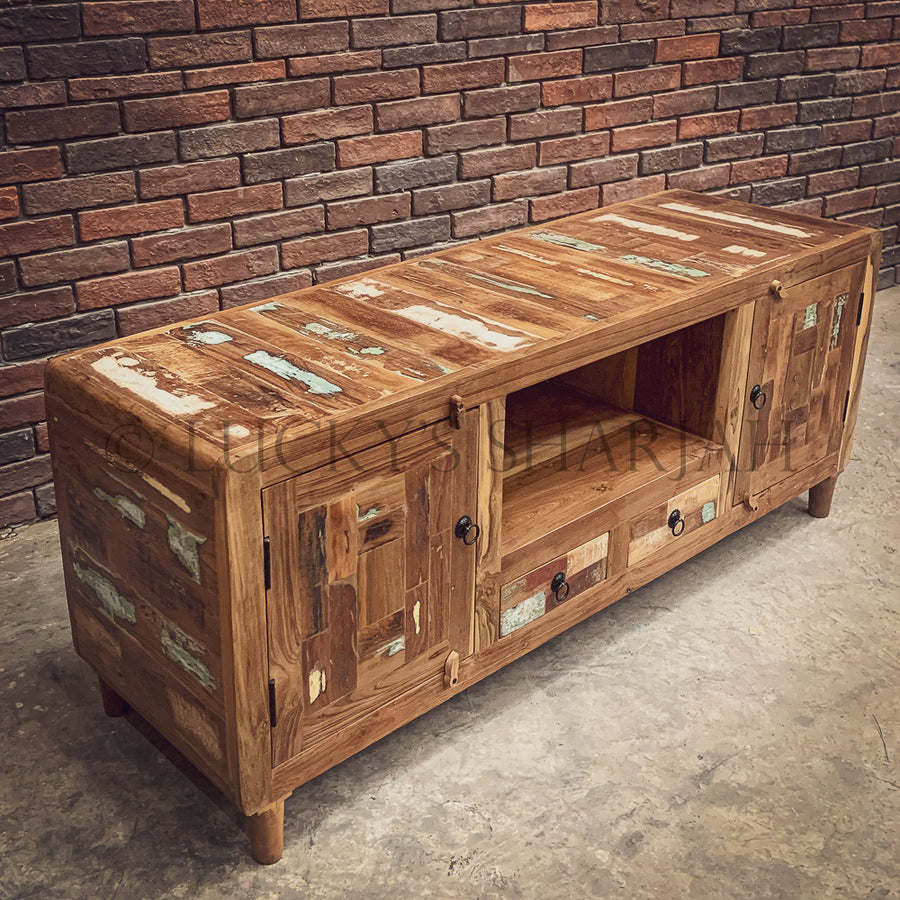 Recycle design side rounded tv stand with 2 door 2 draw | Lucky Furniture & Handicrafts.