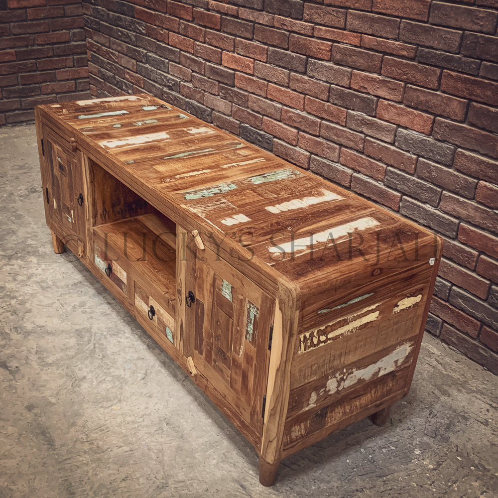 Recycle design side rounded tv stand with 2 door 2 draw | Lucky Furniture & Handicrafts.