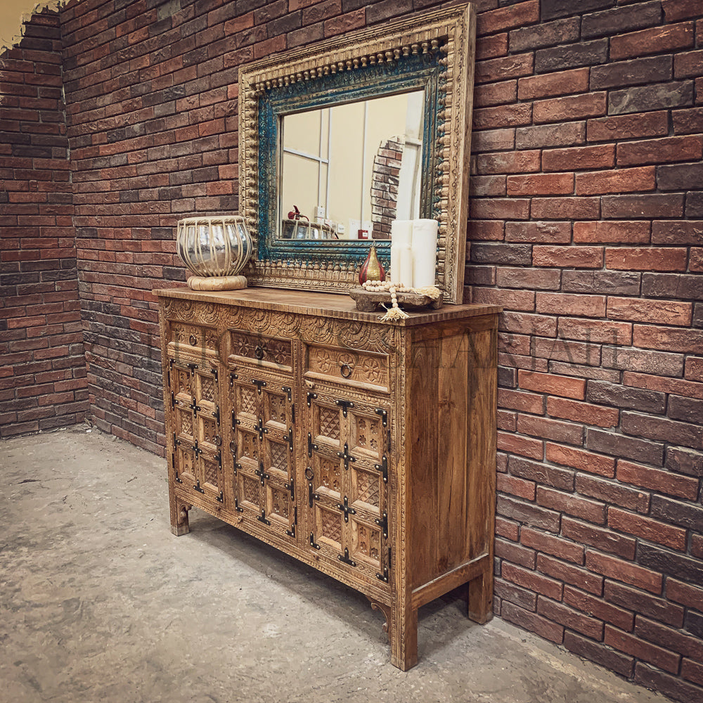 Mixed Carved sideboard with iron details | Lucky Furniture & Handicrafts.