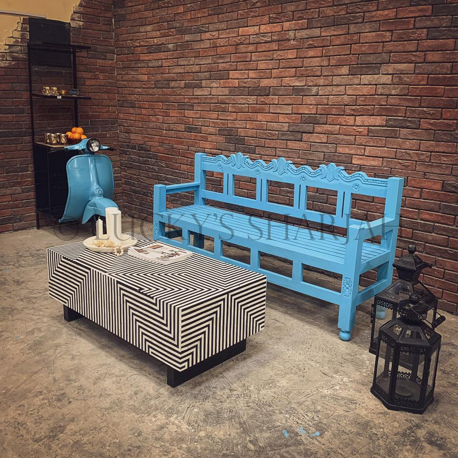 Bright Blue carevd bench | Lucky Furniture & Handicrafts.