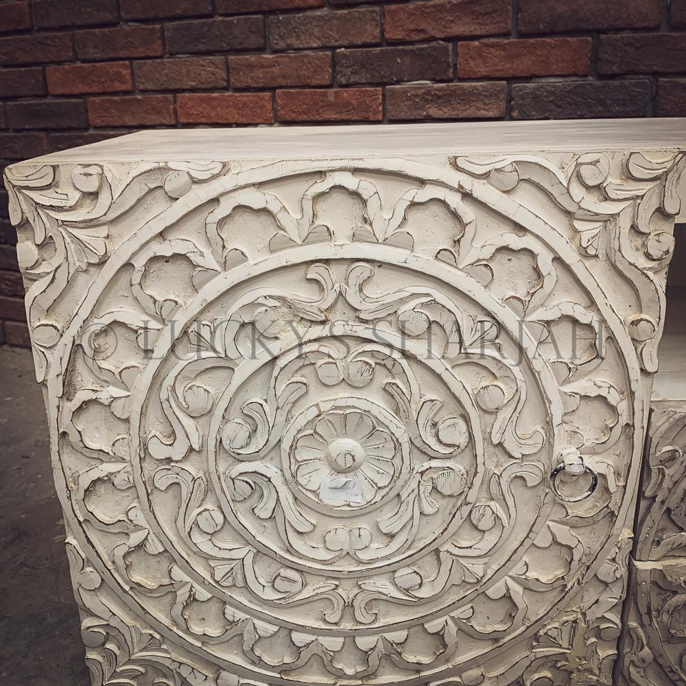 Carved Whitewash Tv stand | Lucky Furniture & Handicrafts.