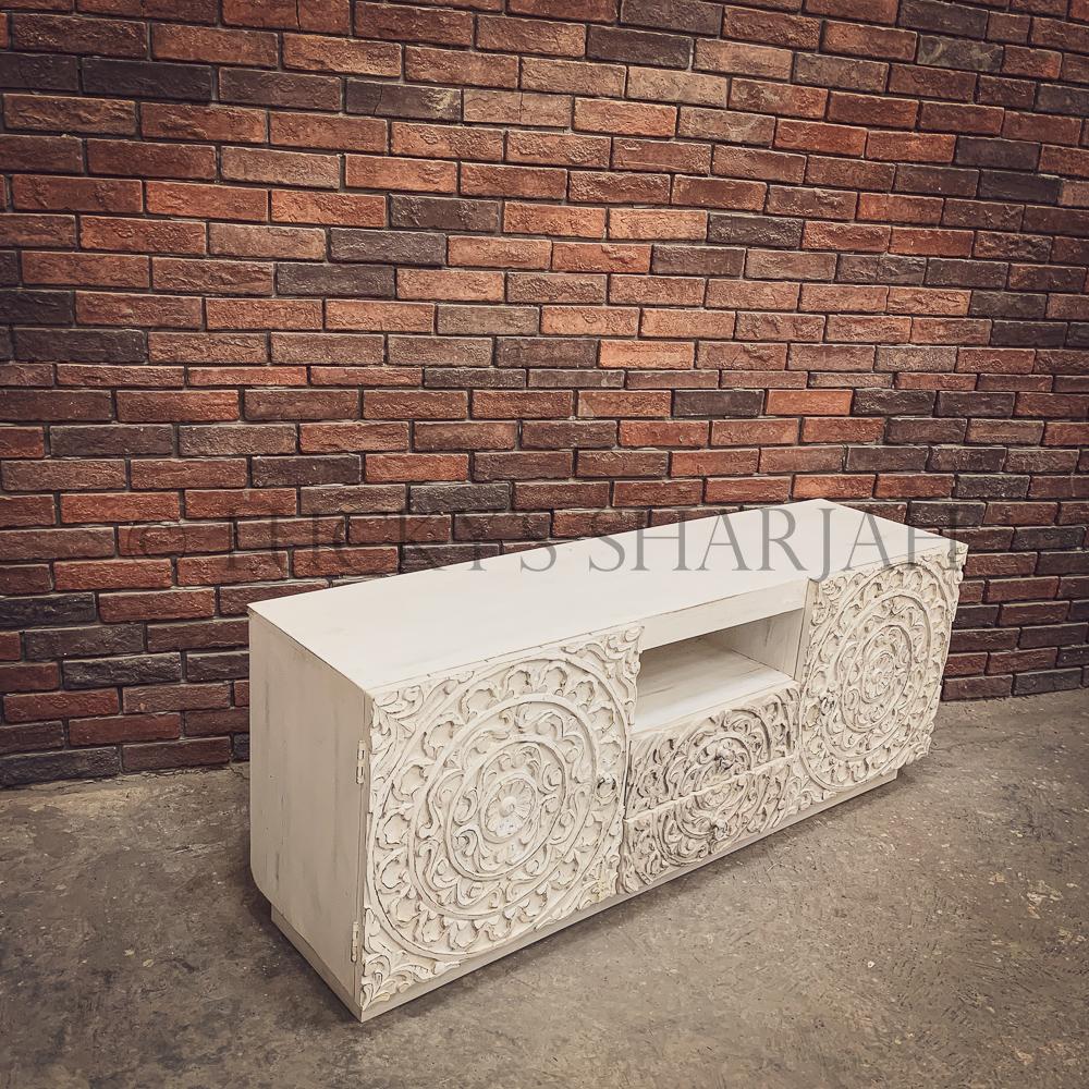 Carved Whitewash Tv stand | Lucky Furniture & Handicrafts.