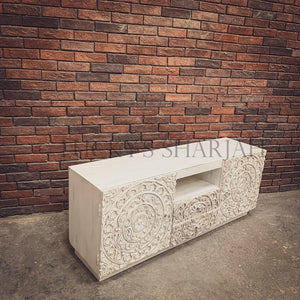 Carved Whitewash Tv stand | Lucky Furniture & Handicrafts.