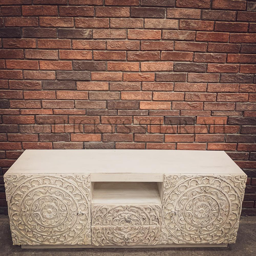 Carved Whitewash Tv stand | Lucky Furniture & Handicrafts.