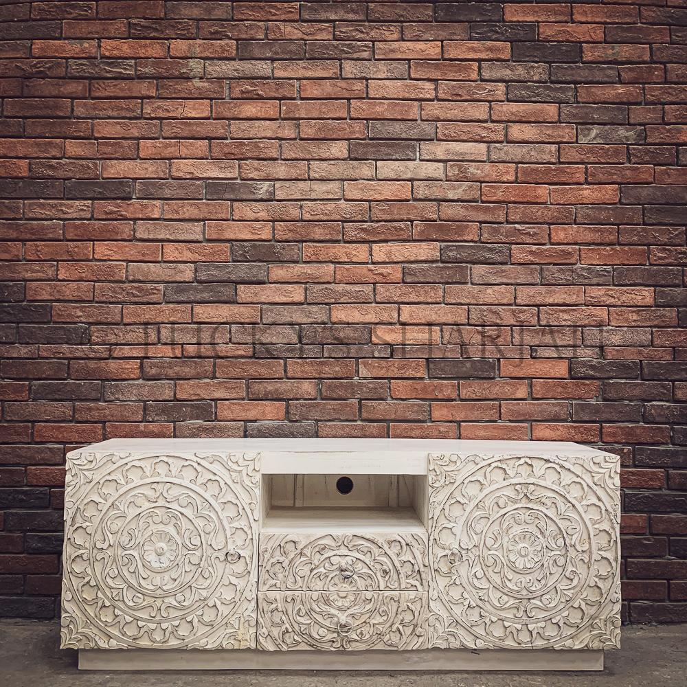 Carved Whitewash Tv stand | Lucky Furniture & Handicrafts.