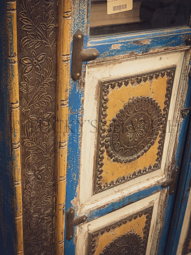 Distress blue glass cabinet with brass inlay | Lucky Furniture & Handicrafts.
