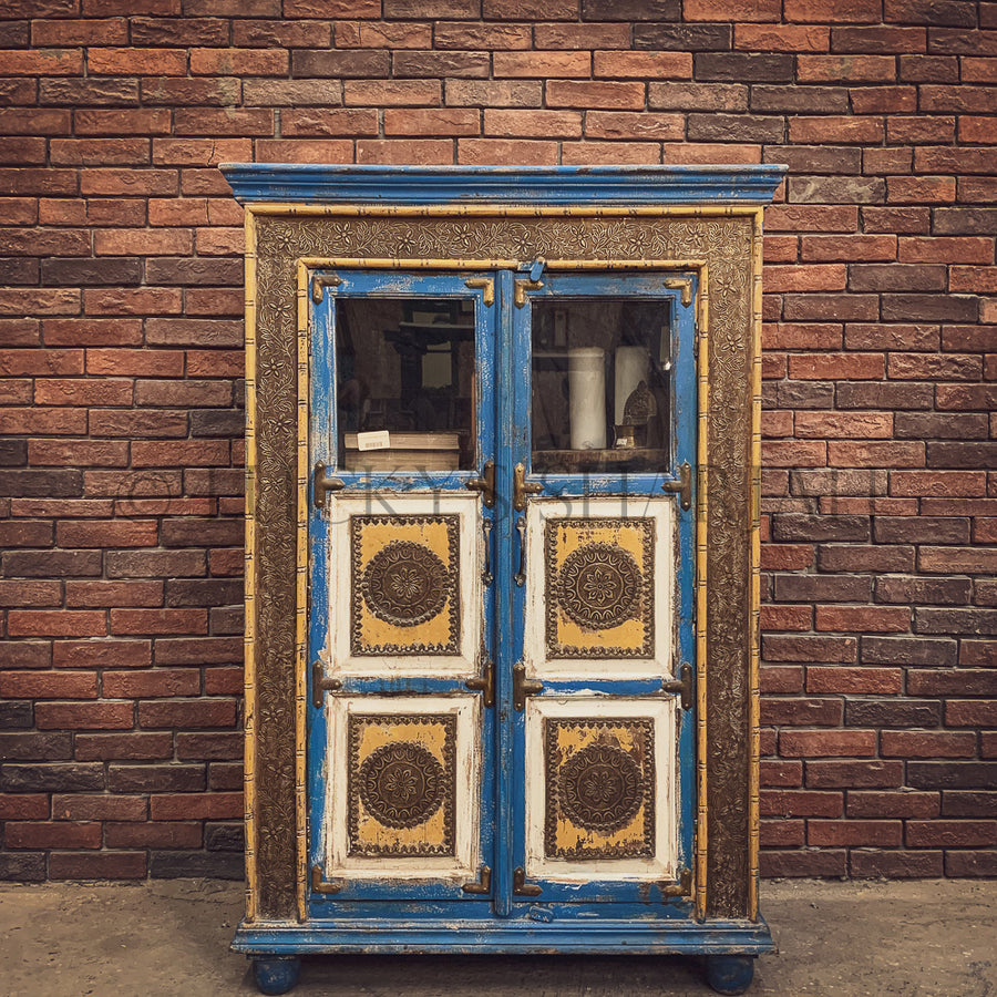 Distress blue glass cabinet with brass inlay | Lucky Furniture & Handicrafts.