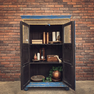 Distress blue glass cabinet with brass inlay | Lucky Furniture & Handicrafts.