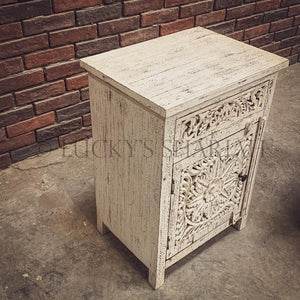 Carved Whitewash bedside | Lucky Furniture & Handicrafts.