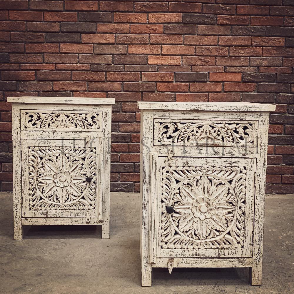 Carved Whitewash bedside | Lucky Furniture & Handicrafts.