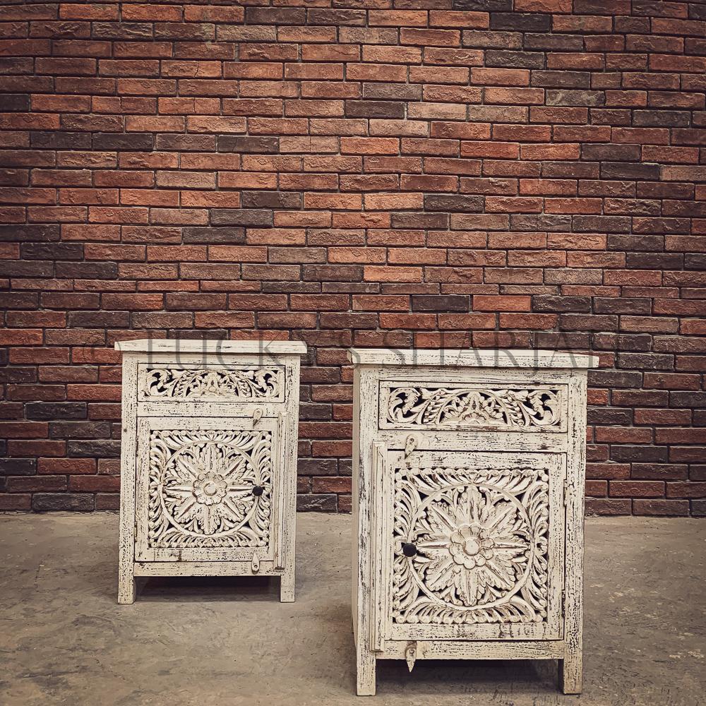 Carved Whitewash bedside | Lucky Furniture & Handicrafts.