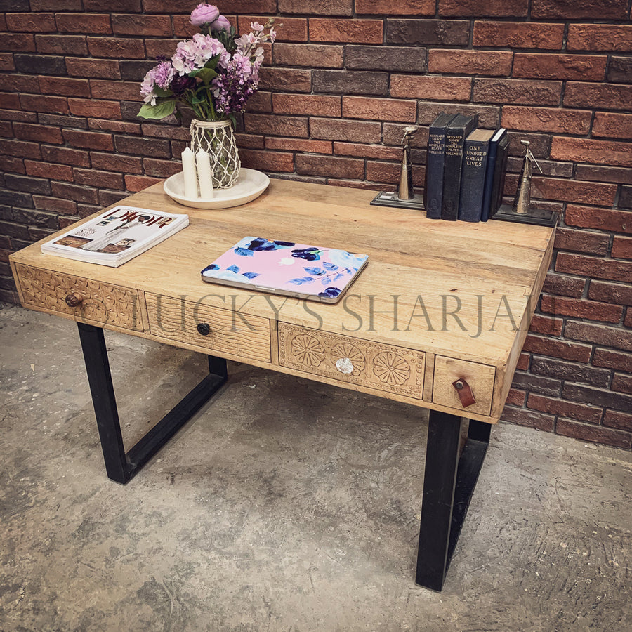 Industrial Desk with multi carved drawers | Lucky Furniture & Handicrafts.