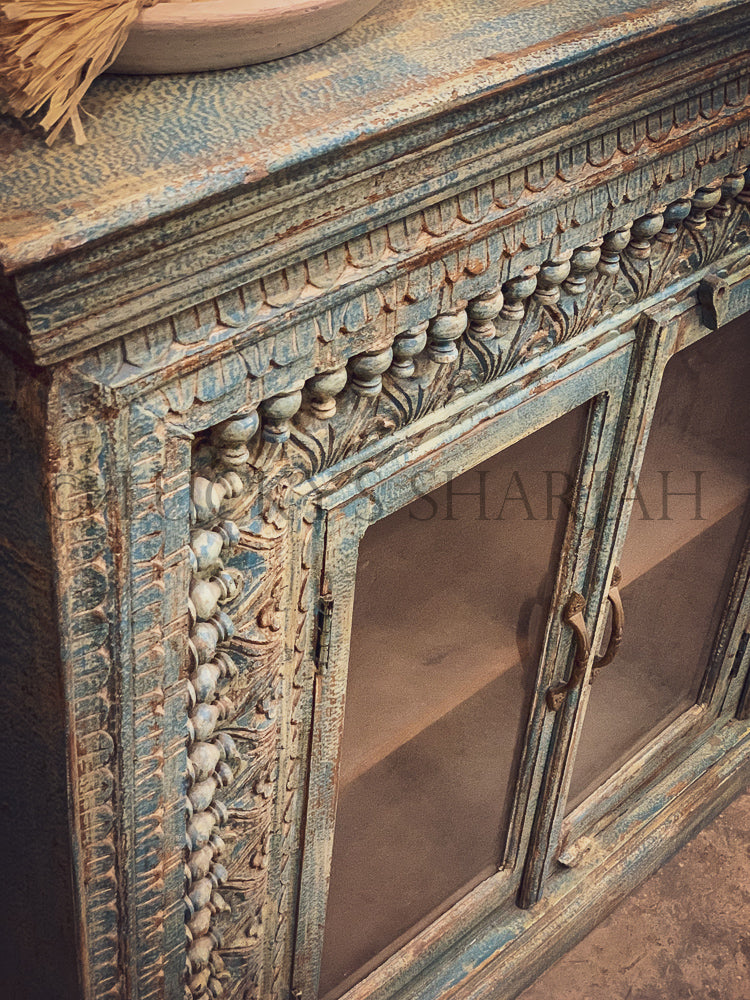 Distress Sky Blue Latto design and glass sideboard | Lucky Furniture & Handicrafts.
