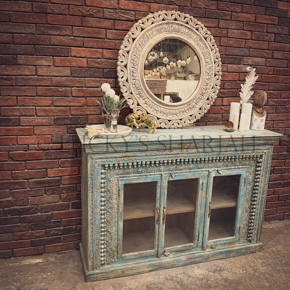 Distress Sky Blue Latto design and glass sideboard | Lucky Furniture & Handicrafts.