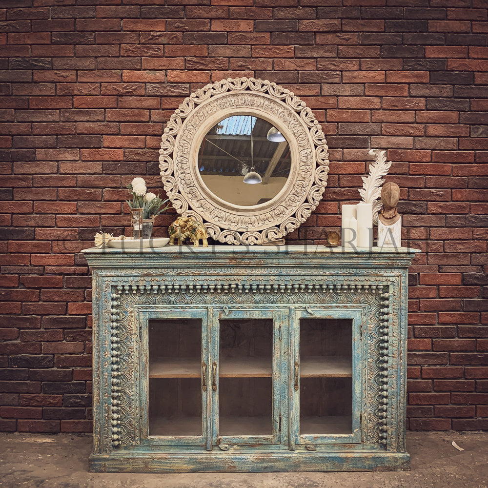 Distress Sky Blue Latto design and glass sideboard | Lucky Furniture & Handicrafts.