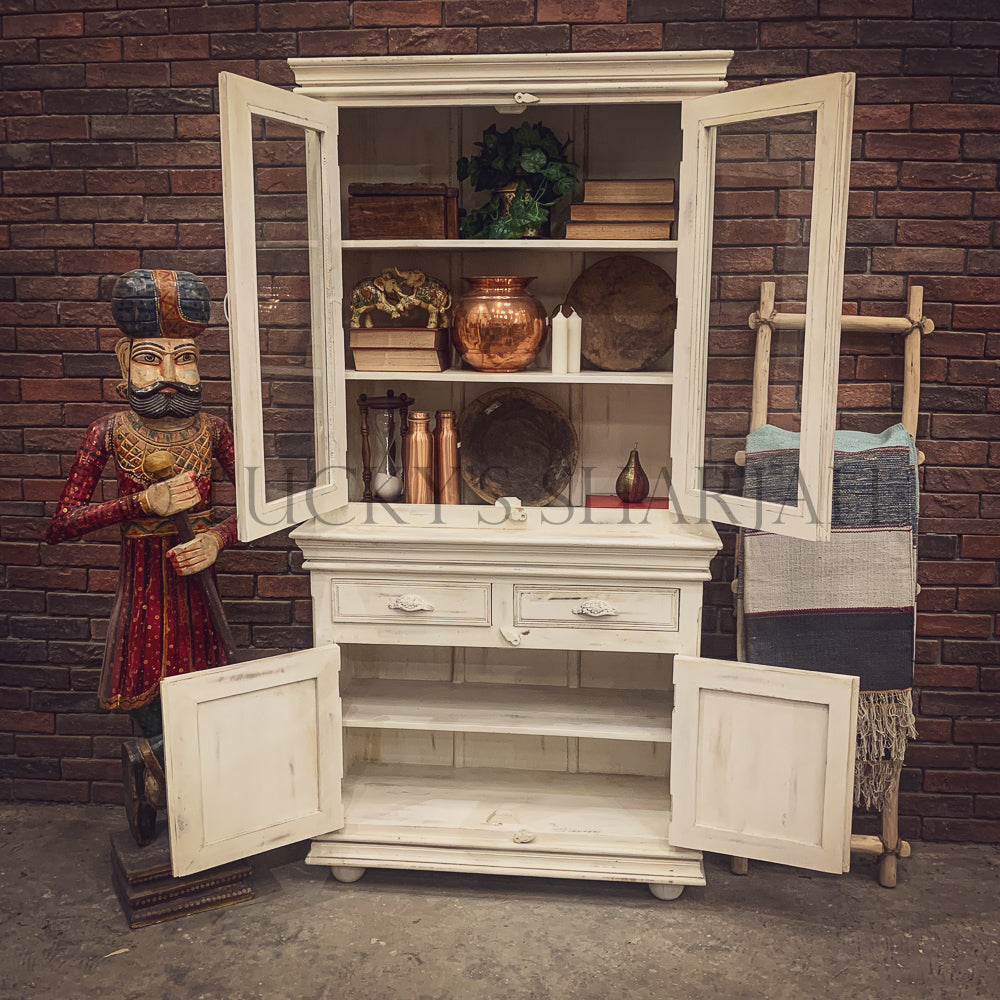 Distress White Glass Cabinet | Lucky Furniture & Handicrafts.