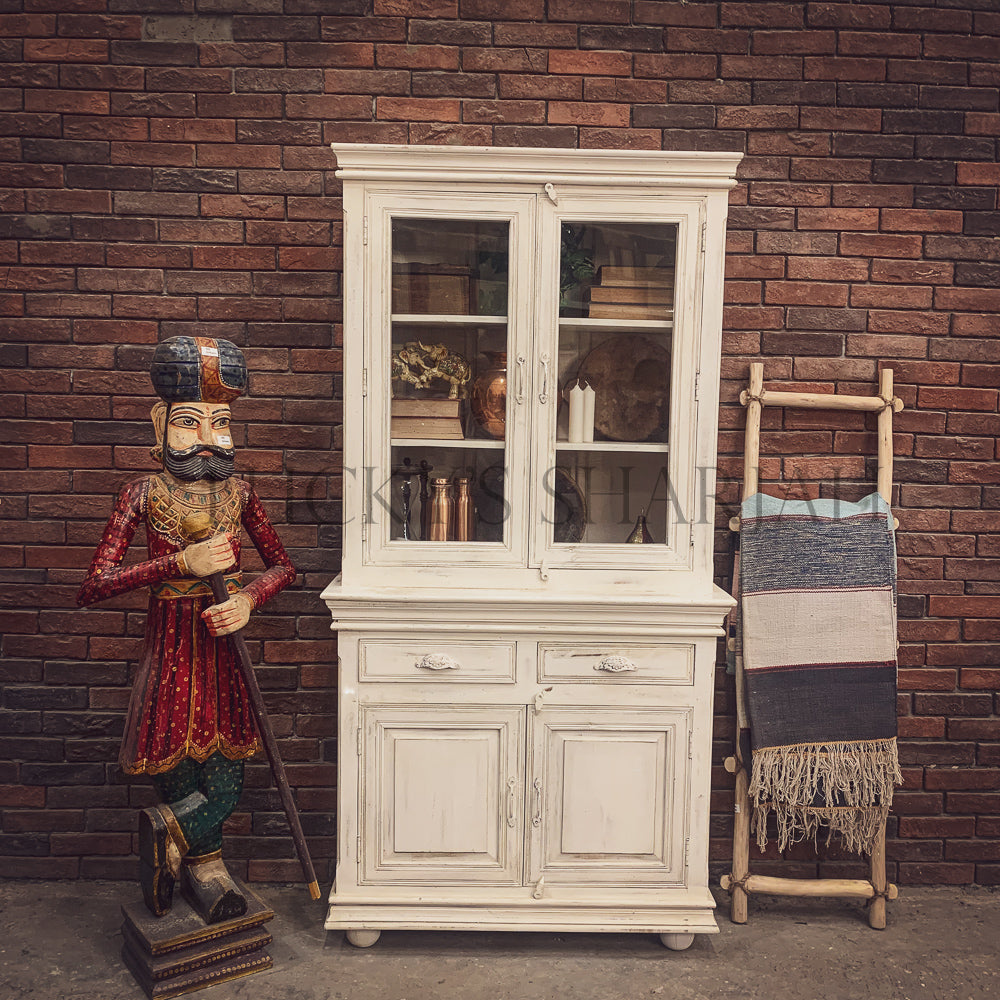 Distress White Glass Cabinet | Lucky Furniture & Handicrafts.