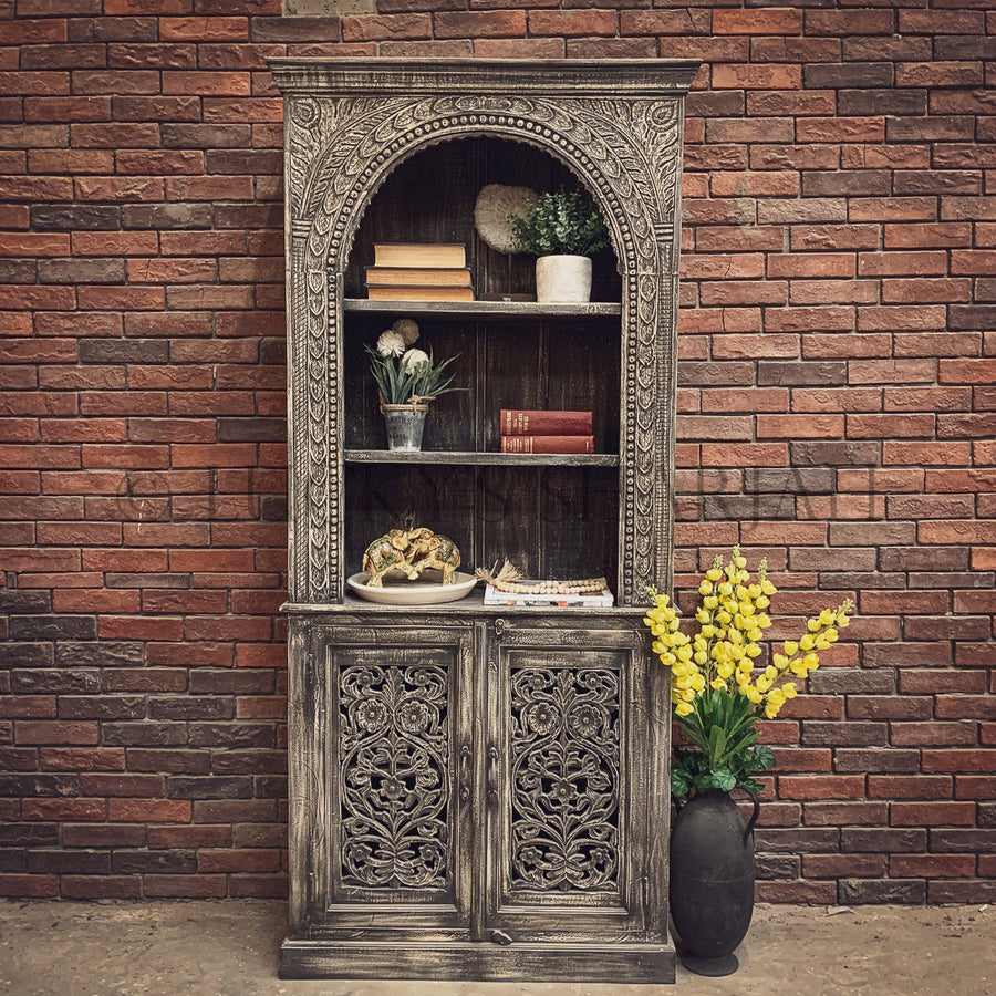 Greywash Carved bookshelf with cabinet | Lucky Furniture & Handicrafts.