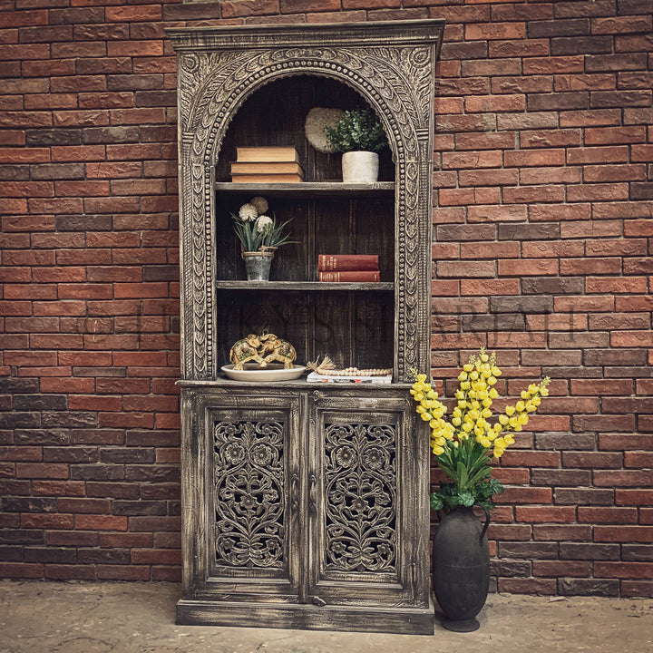 Greywash Carved bookshelf with cabinet | Lucky Furniture & Handicrafts.