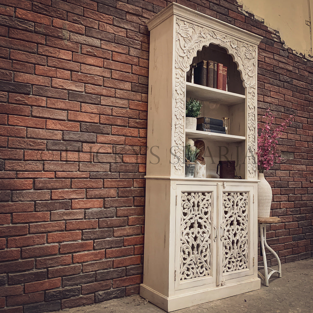 Distress White Carved Bookshelf with cabinet | Lucky Furniture & Handicrafts.