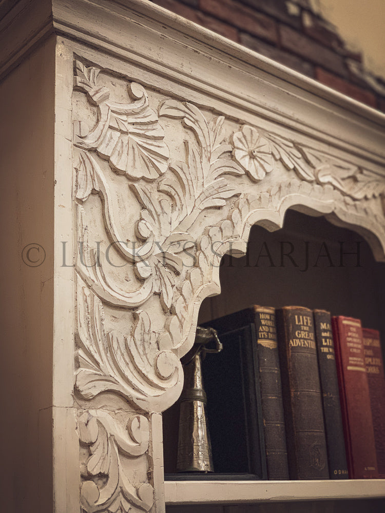 Distress White Carved Bookshelf with cabinet | Lucky Furniture & Handicrafts.