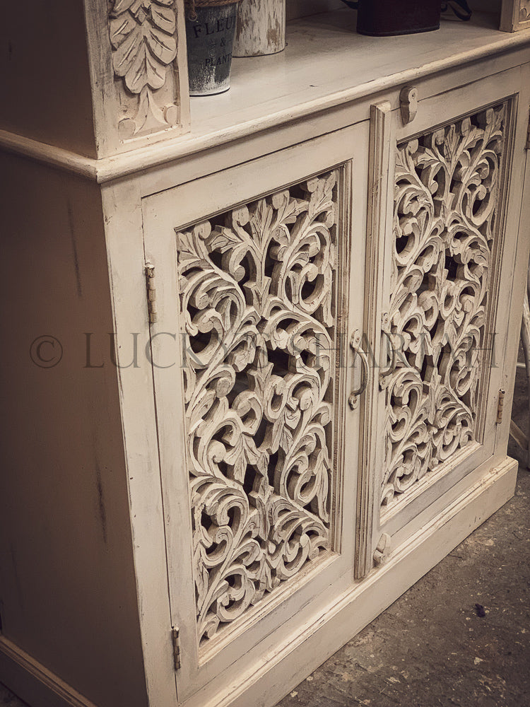 Distress White Carved Bookshelf with cabinet | Lucky Furniture & Handicrafts.
