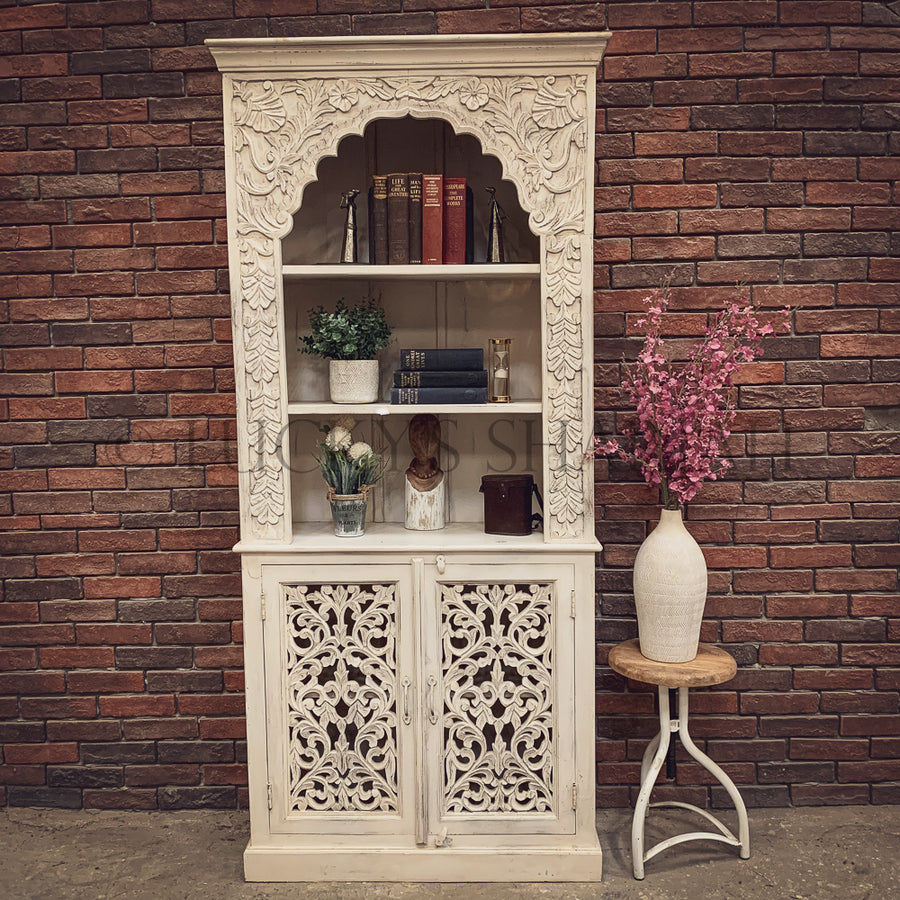 Distress White Carved Bookshelf with cabinet | Lucky Furniture & Handicrafts.