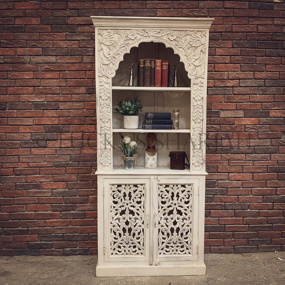 Distress White Carved Bookshelf with cabinet | Lucky Furniture & Handicrafts.
