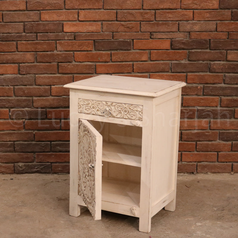 White Traditional Motif Bedside | Lucky Furniture & Handicrafts.