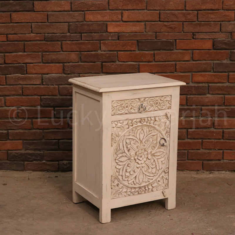 White Traditional Motif Bedside | Lucky Furniture & Handicrafts.