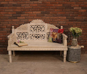 Carved White Wash Bench | Lucky Furniture & Handicrafts.