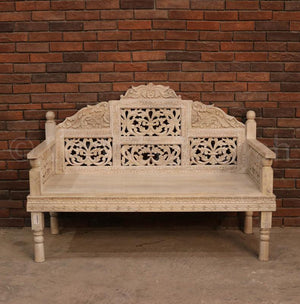 Carved White Wash Bench | Lucky Furniture & Handicrafts.
