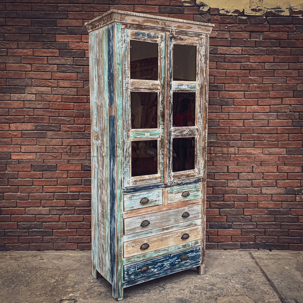 Recycle Design Glass Cabinet with 5 draw | Lucky Furniture & Handicrafts.
