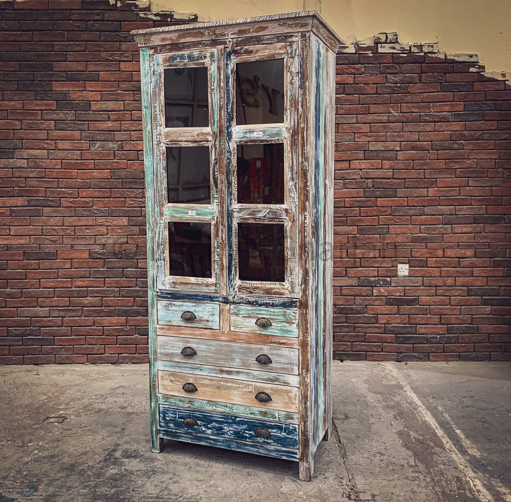Recycle Design Glass Cabinet with 5 draw | Lucky Furniture & Handicrafts.