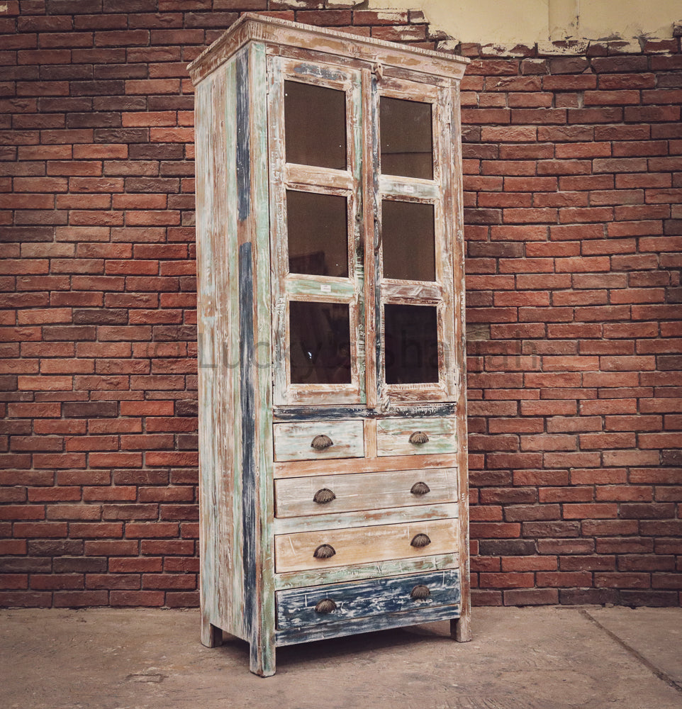 Recycle Design Glass Cabinet with 5 draw | Lucky Furniture & Handicrafts.