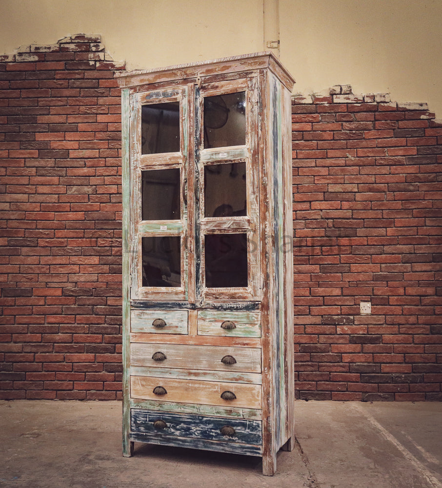 Recycle Design Glass Cabinet with 5 draw | Lucky Furniture & Handicrafts.