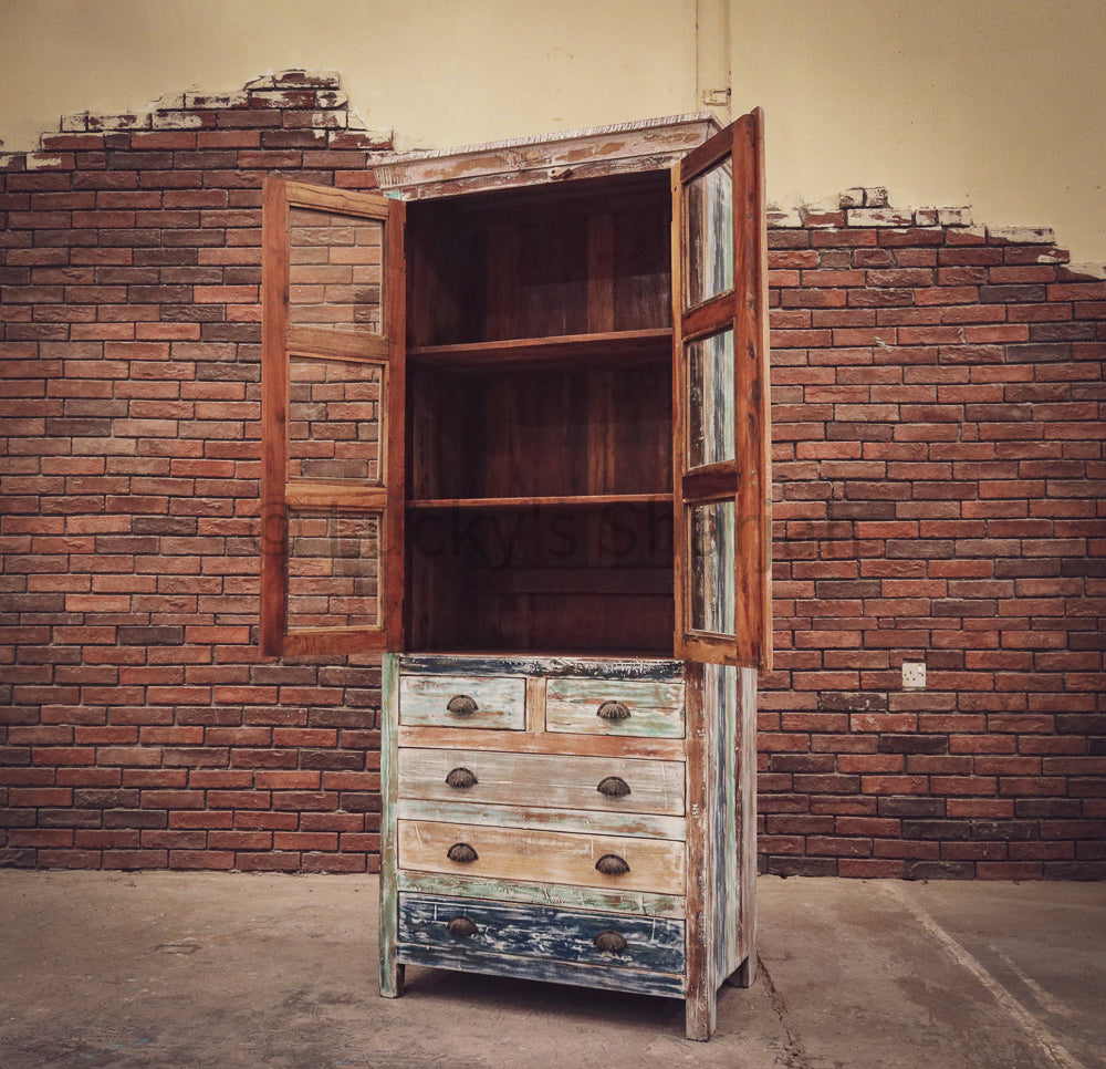 Recycle Design Glass Cabinet with 5 draw | Lucky Furniture & Handicrafts.