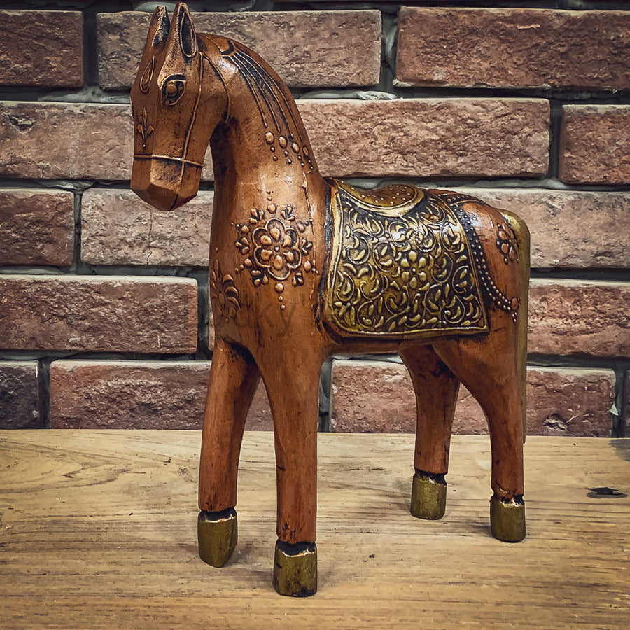 Brass inlay and handpainted wooden horse | Lucky Furniture & Handicrafts.