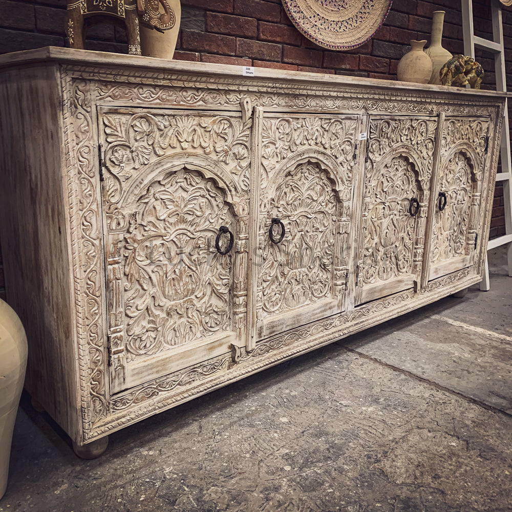 Heavy Carved Mehrab Design 4 door sideboard | Lucky Furniture & Handicrafts.