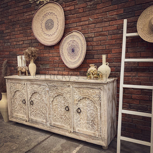 Heavy Carved Mehrab Design 4 door sideboard | Lucky Furniture & Handicrafts.