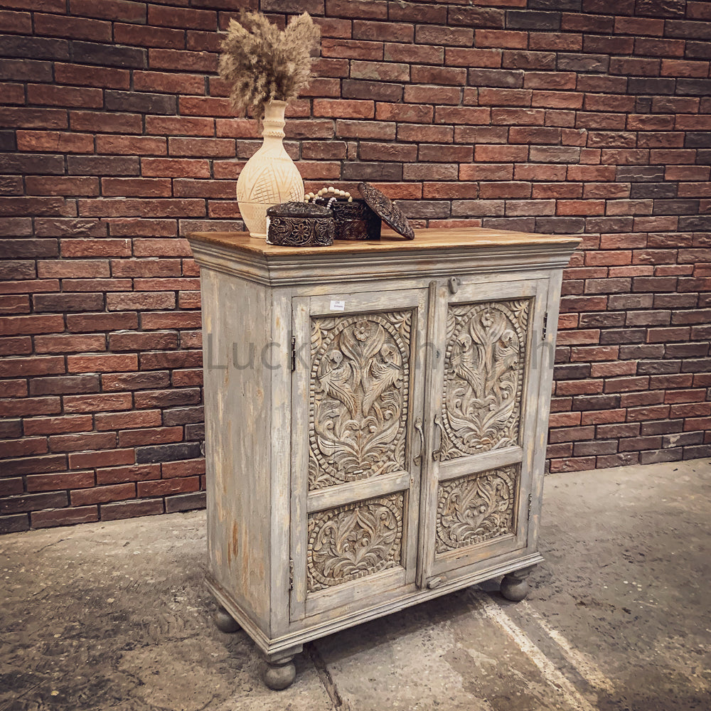 Carved 2 door grey wash sideboard | Lucky Furniture & Handicrafts.