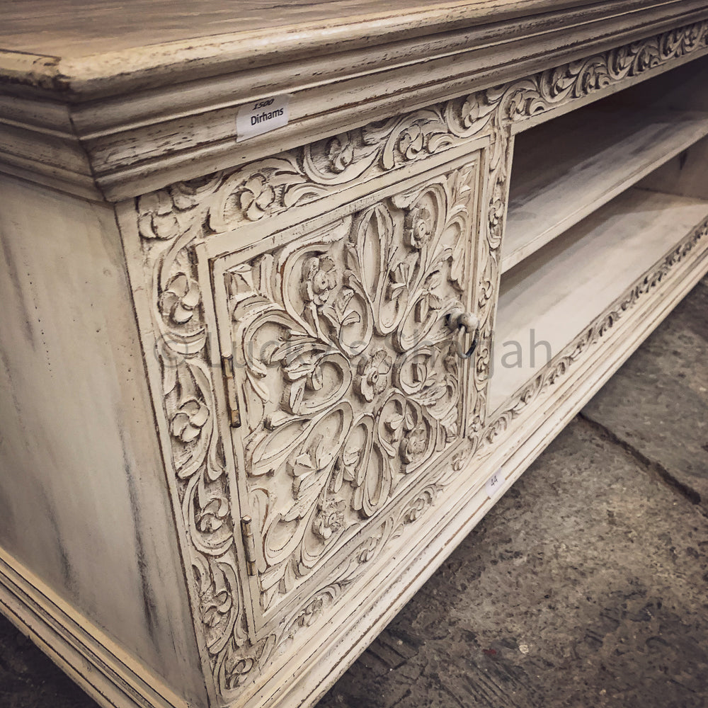 Carved whitewash Tv stand 2 door | Lucky Furniture & Handicrafts.