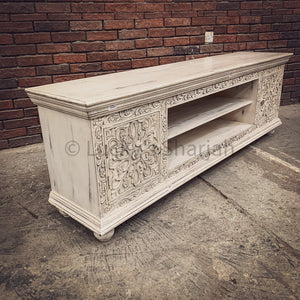Carved whitewash Tv stand 2 door | Lucky Furniture & Handicrafts.