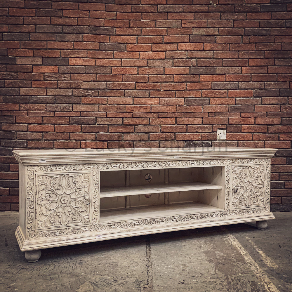 Carved whitewash Tv stand 2 door | Lucky Furniture & Handicrafts.